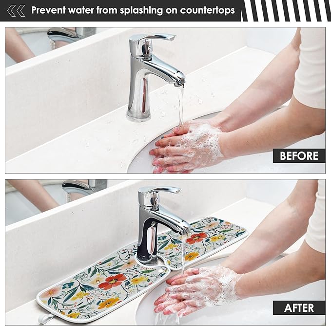 Kitchen Faucet Absorbent Mat,Summer Blooming Flower Water Splash Guard for Sink, Faucet Drip Catcher Thicken Sponge Microfiber Faucet Water Catcher Mat Sink Absorbent Mat for Kitchen 14x5in 2 Pack