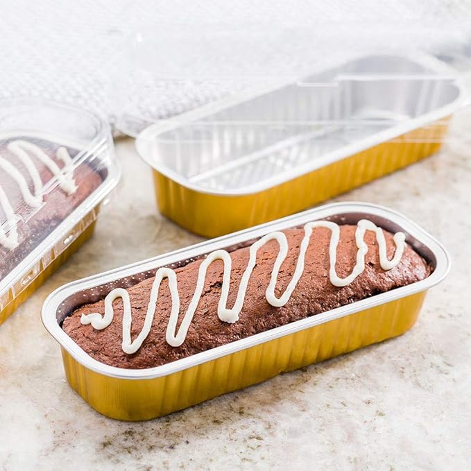 Restaurantware Aluminum Loaf Pan 100 Count 6.5 x 2.56 x 1.18 Inch Greaseproof Bread Pan with Lid, Oven-Safe Even Cooking Rectangular, Gold Design for Baking