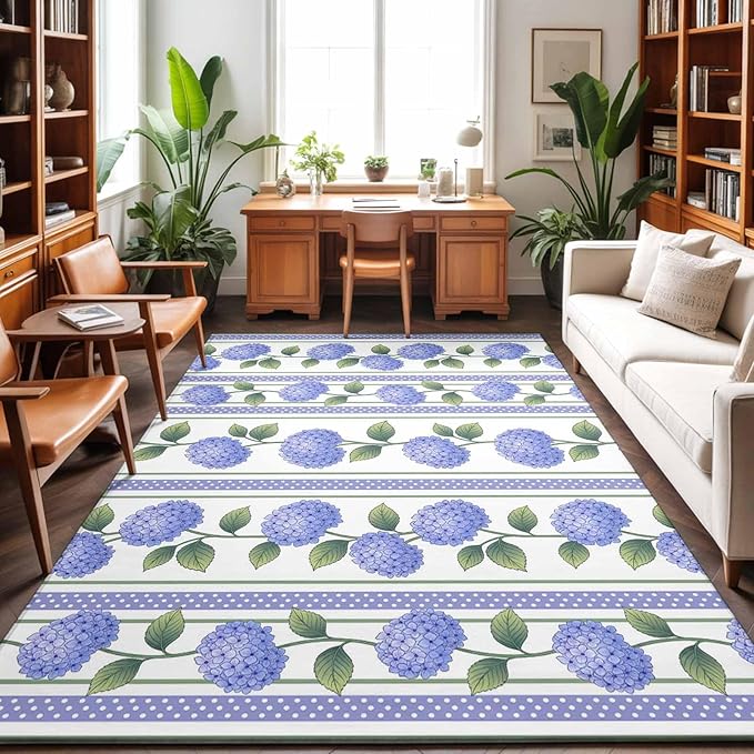 Area Rug 4x6ft, Garden Purple Hydrangea Flower Washable Rugs for Living Room Bedroom, Watercolor Floral Leaves Soft Non-Slip Area Rugs Rectangle Floor Carpet for Dining Room
