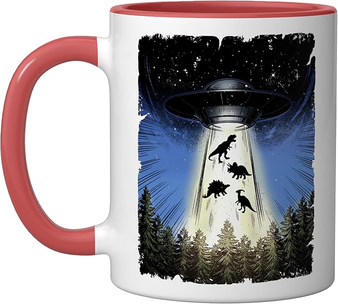 UFO Dinosaur Alien Abduction Flying Saucer Conspiracy Ceramic Mug, Red/White