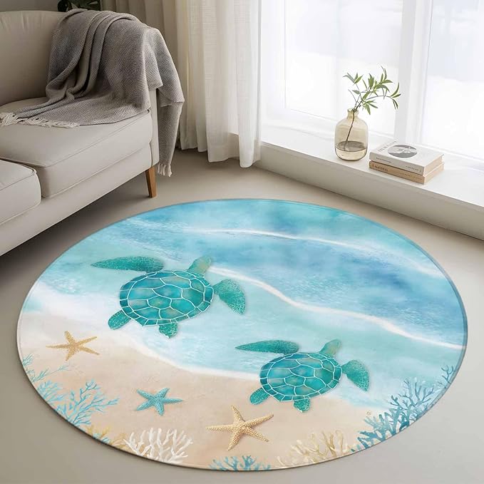 Washable Round Area Rug Sea Turtle Starfish Coral Circle Rugs Floor Carpet for Living Room Bedroom, Summer Seaside Ocean Life Soft Non Slip Round Rug 4ft