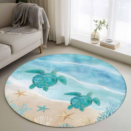 Washable Round Area Rug Sea Turtle Starfish Coral Circle Rugs Floor Carpet for Living Room Bedroom, Summer Seaside Ocean Life Soft Non Slip Round Rug 3ft