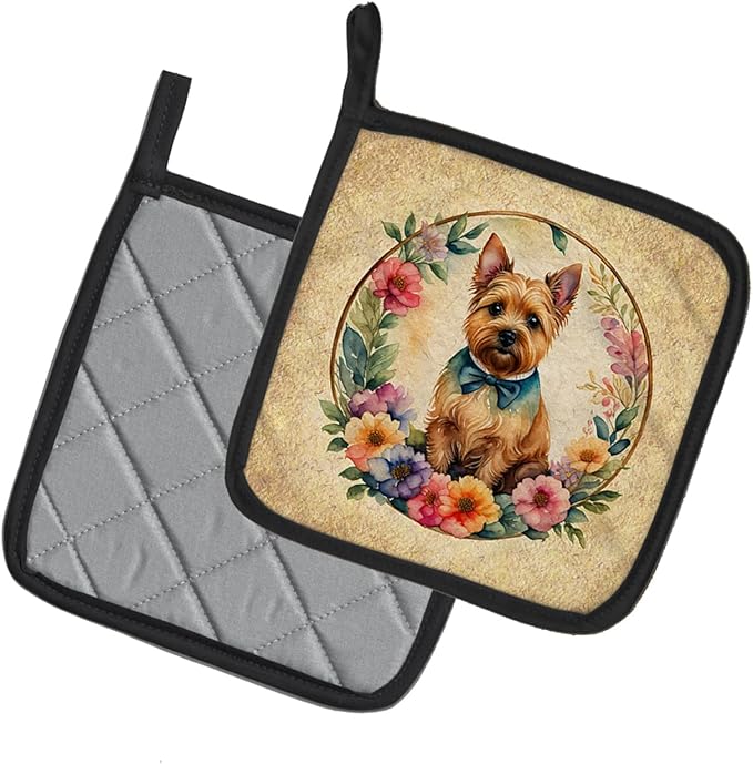 Caroline's Treasures Norwich Terrier and Flowers Pair of Pot Holders Kitchen Heat Resistant Pot Holders Sets Oven Hot Pads for Cooking Baking BBQ, 7 1/2 x 7 1/2