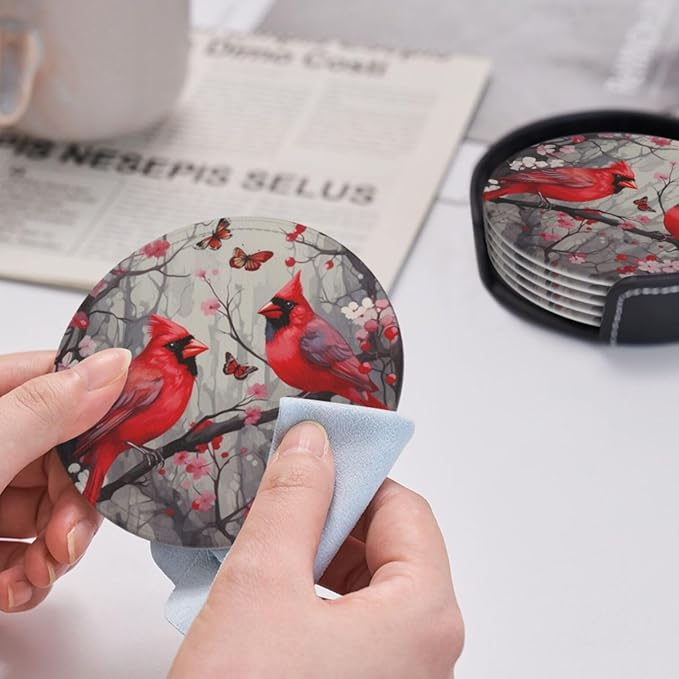 Famame 6 Pcs Butterflies Birds Cherry Leather Coasters for Drinks with Holder Coaster Sets Drink Table Cup Coasters for Living Room Kitchen Coffee Decor
