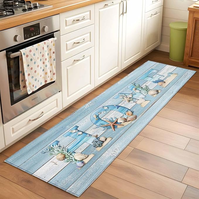 Runner Rug for Bedroom Hallway, Summer Ocean Beach Shell Home Quote Kitchen Runner Rugs Area Rug 2x6ft, Farm Blue Wood Board Washable Soft Floor Carpet for Entryway Stair
