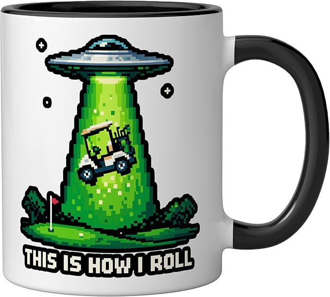 This Is How I Roll Golf UFO Abduction Funny Pixel Art Ceramic Mug, Black/White