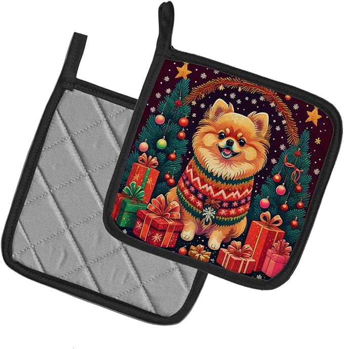 Caroline's Treasures Pomeranian Christmas Pair of Pot Holders Kitchen Heat Resistant Pot Holders Sets Oven Hot Pads for Cooking Baking BBQ, 7 1/2 x 7 1/2