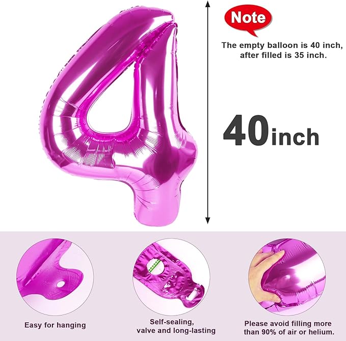 40 Inch Large Numbers Balloon, 4 Rose Purple Ballon for 4th 14 40 44 Birthday Party, Balloon 4 Number for Graduations Wedding Supplies