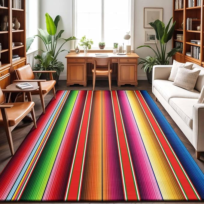 Area Rug 3x5ft, Mexican Stripes Vintage Boho Washable Rugs for Living Room Bedroom, Native American Stripe Soft Non-Slip Area Rugs Rectangle Floor Carpet for Dining Room