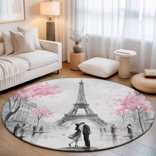 Washable Round Area Rug Vintage Towel Couple Pink Flower Circle Rugs Floor Carpet for Living Room Bedroom, Watercolor Modern City Scene Soft Non Slip Round Rug 3ft