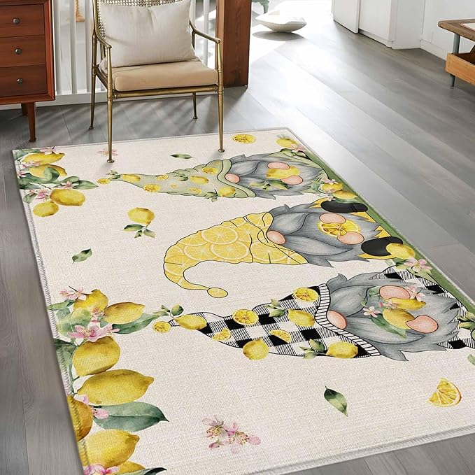 Area Rug 3x5ft, Summer Gnome with Lemon Washable Rugs for Living Room Bedroom, Farmhouse Dwarf Fruit on Linen Soft Non-Slip Area Rugs Rectangle Floor Carpet for Dining Room