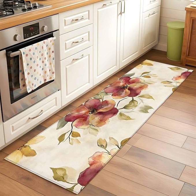 Runner Rug for Bedroom Hallway, Oil Painting Style Flowers Kitchen Runner Rugs Area Rug 2x6ft, Vintage Country Floral Washable Soft Floor Carpet for Entryway Stair