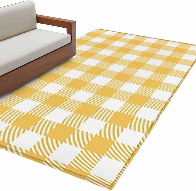 Area Rug 4x6ft, Rustic Country Yellow and White Buffalo Lattice Checked Washable Rugs for Living Room Bedroom, Farm Style Soft Non-Slip Area Rugs Rectangle Floor Carpet for Dining Room