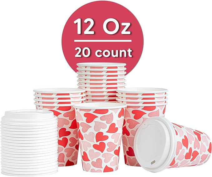 Restaurantware-Restpresso 12 Ounce Disposable Coffee Cups, 20 Valentine’s Day Cups With Plastic Lids - Red And Pink Heart Print, Rolled Rim, Paper To Go Cups, Single Wall, Serve Hot And Cold Drinks