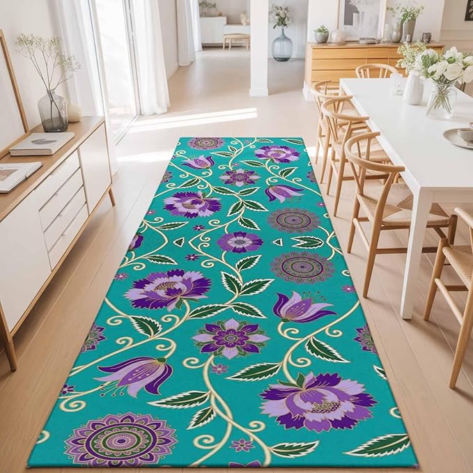 Runner Rug for Bedroom Hallway, Bohemian Purple Flowers Kitchen Runner Rugs Area Rug 2x6ft, Paisley Floral Art Washable Soft Floor Carpet for Entryway Stair