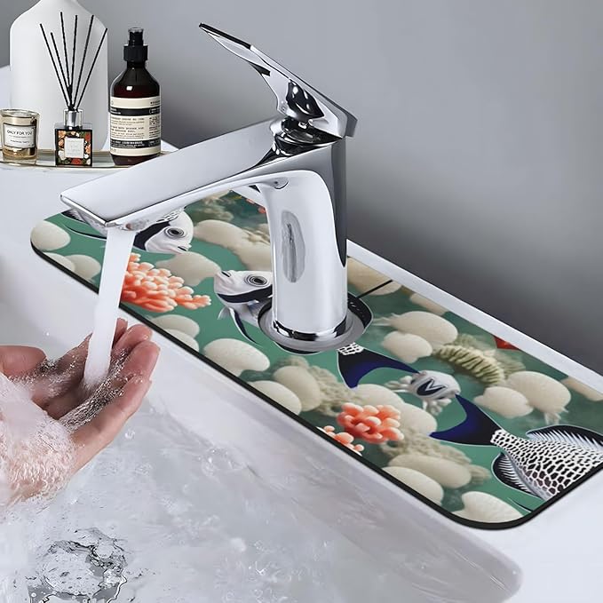 White Tropical Fish Printed Faucet Absorbent mat, Suitable for bathrooms, Kitchens, and Other Sink Areas.