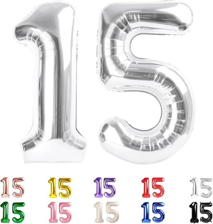 15 Balloons Number, 15th Birthday Decorations for Girls Boys, 51st Silver Birthday Party Decorations 40 In Balloons for Wedding, Celebration Party, Graduations