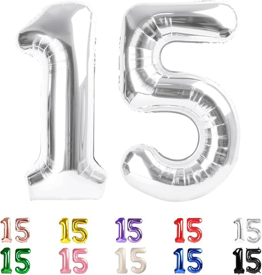 15 Balloons Number, 15th Birthday Decorations for Girls Boys, 51st Silver Birthday Party Decorations 40 In Balloons for Wedding, Celebration Party, Graduations