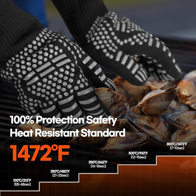 BBQ Gloves Heat and Flame Resistant Protection - Oven and Grill Gloves Hand Protection, Extended Wrist for Addtional Safety, Ideal for Outdoor Cooking, Grilling, Barbeque and Campfire (Grey)