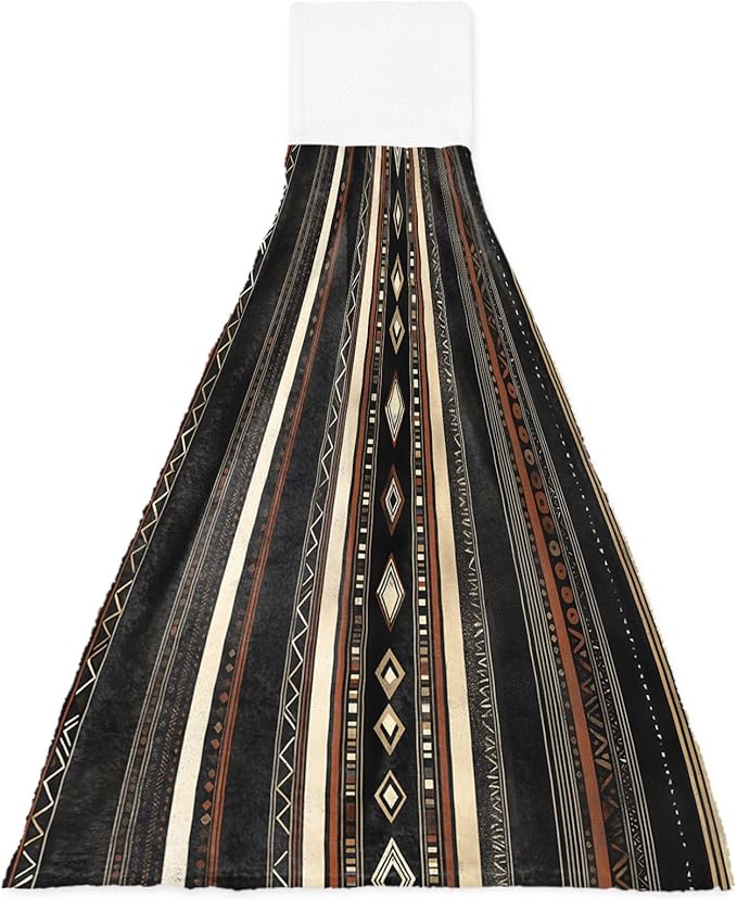 Alandar Home Kitchen Tie Towel Set of 1, Ethnic Brown Stripes Retro Style Absorbent Soft Hand Towels for Bathroom Hanging Towels, Abstract Geometric Fast Drying Cleaning Cloth with Loop