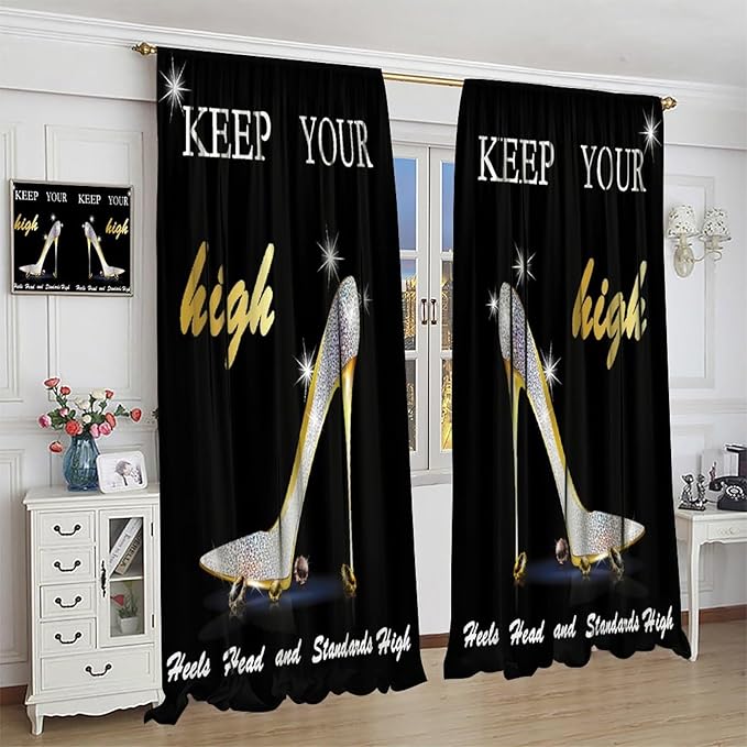 High Heels Curtain,Luxury Silver Glitter Black Stars Girl Women Cloth Farbic Window Treatment Curtains Bedroom Cafe Dining Room Office Living Room Kitchen Drapes, 42x45 in