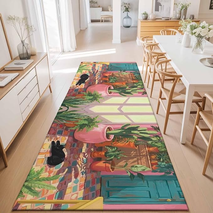 Runner Rug for Bedroom Hallway, Sleeping Cat Pink Sunlit Room Kitchen Runner Rugs Area Rug 2x6ft, Potted Plants Washable Soft Floor Carpet for Entryway Stair
