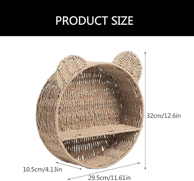 PURPLELILY Rattan Hanging Storage Basket Bear Ear Shape Wall Shelf Woven Wall Mounted Storage Rack Floating Shelves Home Decoration