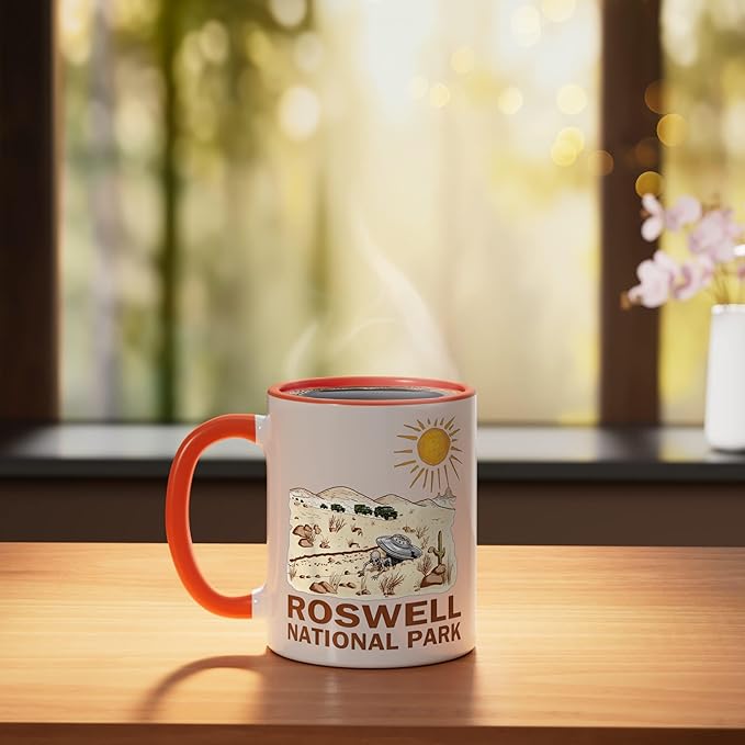 Roswell National Park UFO Flying Saucer Crash 1947 UAP Alien Ceramic Mug, Orange/White