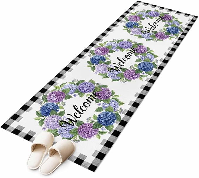 Runner Rug for Bedroom Hallway, Summer Hydrangea Leaf Kitchen Runner Rugs Area Rug 2x6ft, Purple Blue Flower Buffalo Check Washable Soft Floor Carpet for Entryway Stair