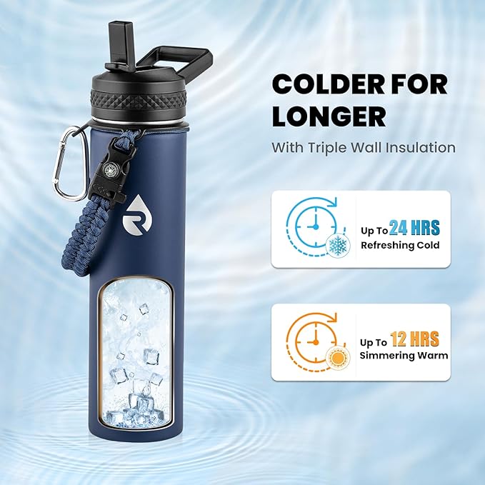 RAYMYLO Insulated Water Bottle 24oz, Triple Wall Vacuum Stainless Steel (Cold for 24Hrs, Hot for 12Hrs), Leak Proof & Non-BPA, 24oz Hydro Water Flask with Paracord Handle & Straw Spout Lids