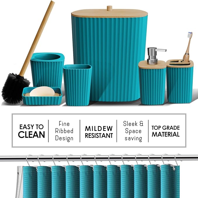 Clara Clark Bathroom Accessories Set - 27PC Bathroom Set with Adhesive Corner Shower Caddy Hanging, Bathroom Sets with Shower Curtain and Rugs, Teal Shower Curtain Set with Bathroom Trash Can