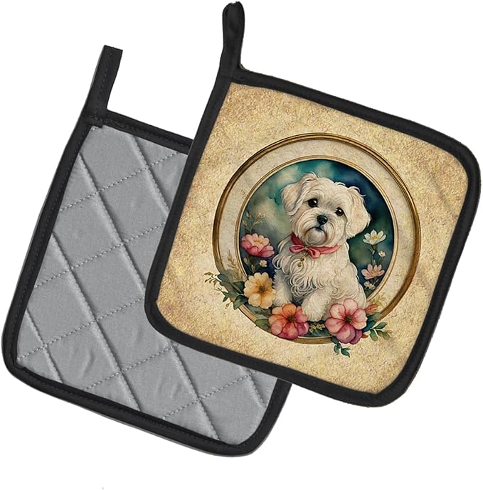 Caroline's Treasures Maltese and Flowers Pair of Pot Holders Kitchen Heat Resistant Pot Holders Sets Oven Hot Pads for Cooking Baking BBQ, 7 1/2 x 7 1/2