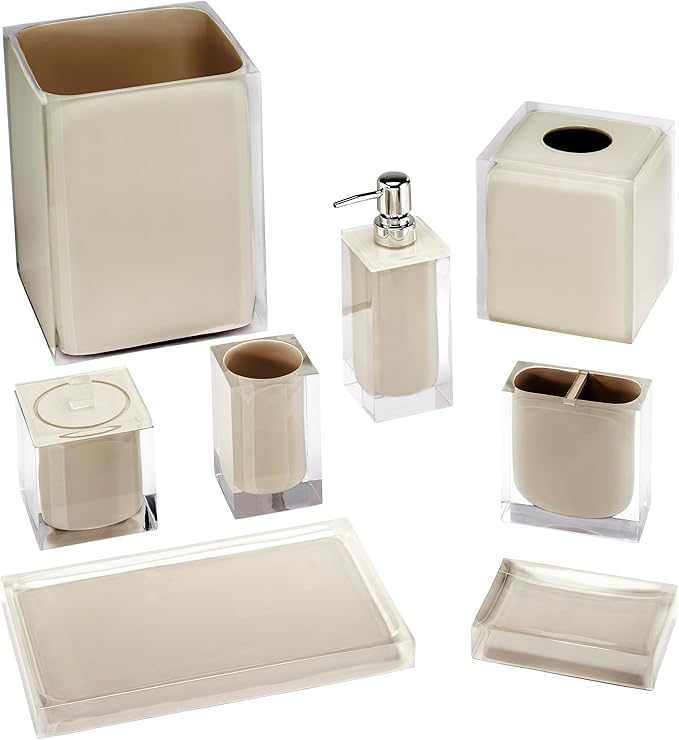 Izod – Bathroom Accessory Set, Toothbrush Holder and Lotion Dispenser, Clear Hand-Painted Resin with Linen Design, Modern Home Decor – Perfect for Organizing Bathroom Essentials (Marina)