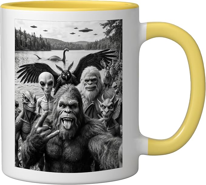 Bigfoot Alien Loch Ness Monster UFO Cryptids Selfie Ceramic Mug, Yellow/White