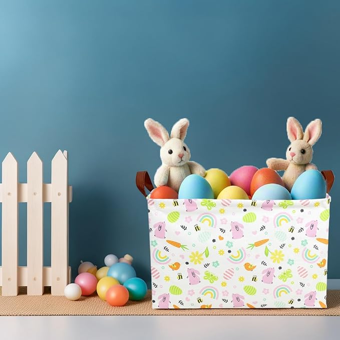 Kid Large Empty Easter Basket Personalized Fabric Bunny Easter Basket for Boy and Girl (Pink Rabbit Rainbow)