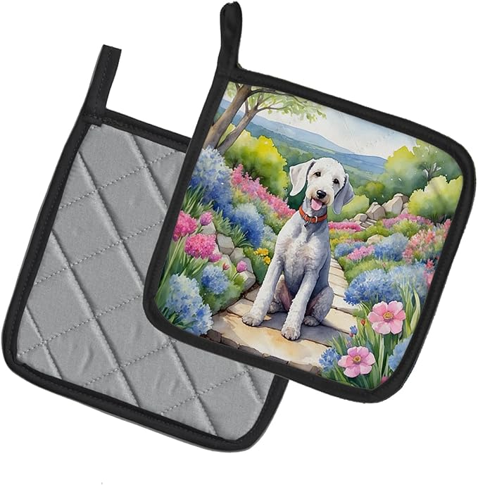 Caroline's Treasures Bedlington Terrier Spring Garden Pair of Pot Holders Kitchen Heat Resistant Pot Holders Sets Oven Hot Pads for Cooking Baking BBQ, 7 1/2 x 7 1/2