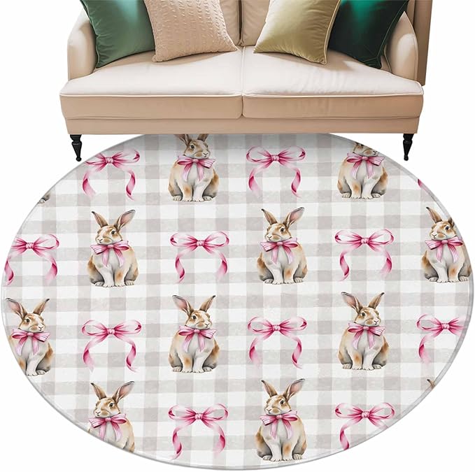 Washable Round Area Rug Easter Rabbit Pink Bow Circle Rugs Floor Carpet for Living Room Bedroom, Seamless Bunny Gray Buffalo Plaid Soft Non Slip Round Rug 5ft