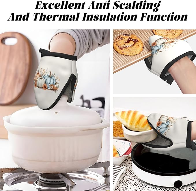 2 Pcs Mini Silicone Oven Mitts Retro Thanksgiving Floral Heat Resistant Grill Gloves with Hanging Loop, Pumpkins Harvest Short Kitchen Mittens for Cooking Baking BBQ