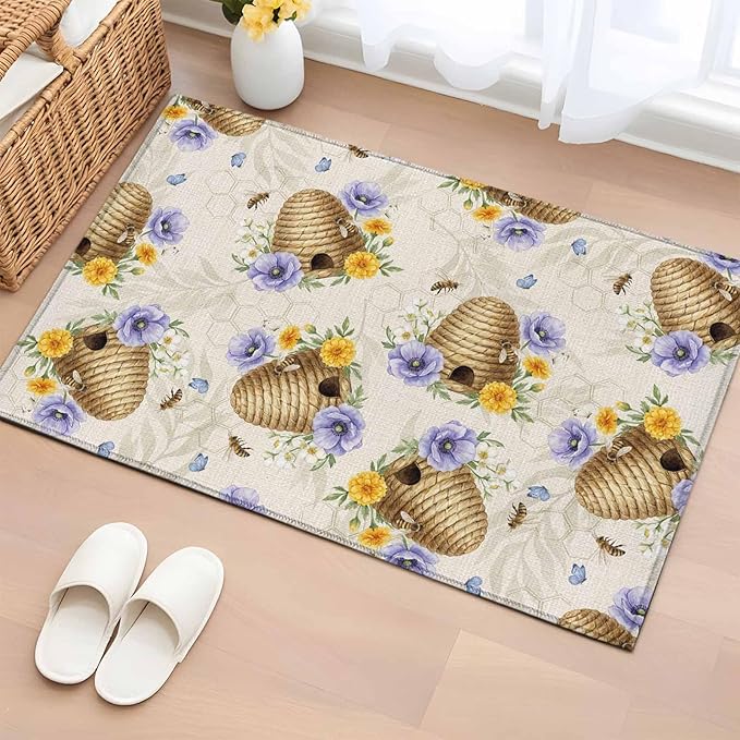 Area Rug 2x3ft, Garden Beehives Honeybees Washable Rugs for Living Room Bedroom, Country Purple Floral Soft Non-Slip Area Rugs Rectangle Floor Carpet for Dining Room