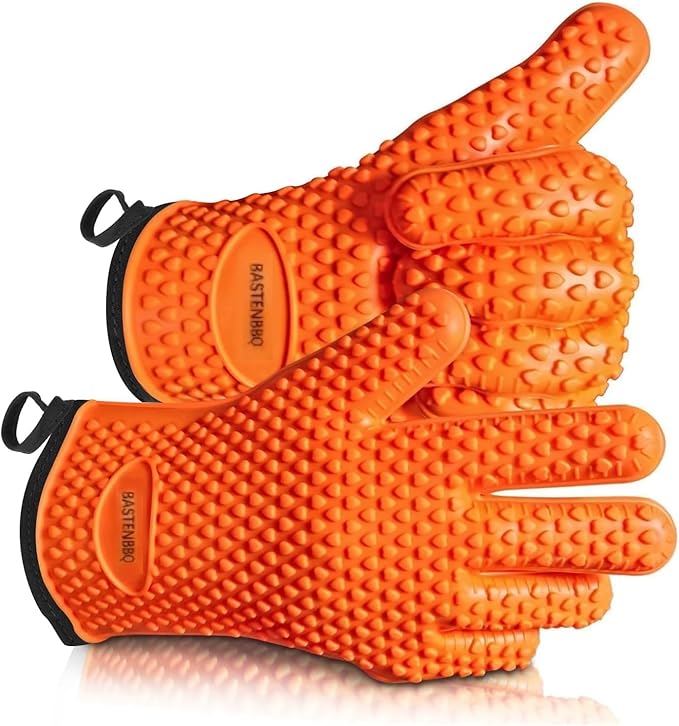 XL Silicone BBQ Gloves, Extreme Heat Resistant, Oven Gloves Perfect for Your Grill Fryer Smoker & Pit, Waterproof Baking Mitts for Cooking or Grilling, Bonus 2 Hangers