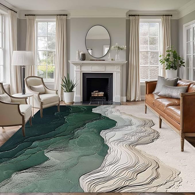 Area Rug 9x12ft, Rustic Green Gray White Mountain Range Washable Rugs for Living Room Bedroom Rectangle Floor Carpet, Abstract Art Soft Non-Slip Area Rugs for Dining Room