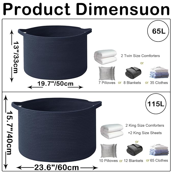 65L Large Blanket Basket,Woven Rope Laundry Basket Hamper with Handles,Decorative Nursery Basket Storage Bin for Toys, Pillows , Clothes Organizer, Living Room, Bedroom, Bathroom, Dark Blue