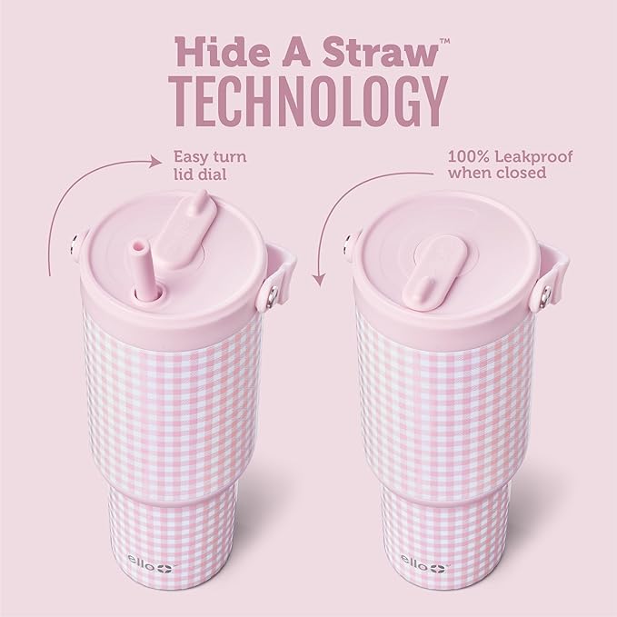Ello Oasis Go+ 26oz Tumbler with Top Handle and Retracting Straw | Reusable Insulated Stainless Steel Cup, 100% Leakproof Water Bottle, 24 Hours Cold, Cup Holder Friendly For Travel | Pink Gingham