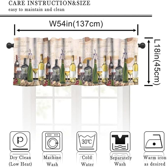 Vintage Red Wine Valance, French Country Wine and Grapes Rustic Farmhouse Short Window Treatment for Kitchen Dining Room Bedroom Home Bar, 54x18Inch