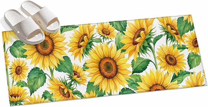 Runner Rug for Bedroom Hallway, Summer Garden Sunflower Leaves Kitchen Runner Rugs Area Rug 2x6ft, Farm Blossom Floral Washable Soft Floor Carpet for Entryway Stair