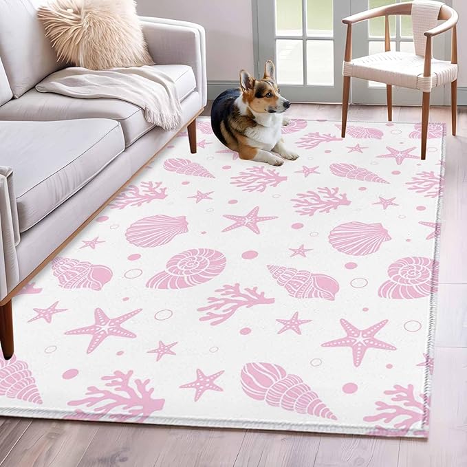 Area Rug 4x6ft, Pink Ocean Shell Conch Coral Starfish Washable Rugs for Living Room Bedroom, Summer Marine Theme Soft Non-Slip Area Rugs Rectangle Floor Carpet for Dining Room