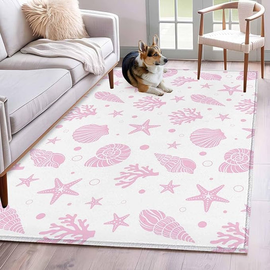 Area Rug 4x6ft, Pink Ocean Shell Conch Coral Starfish Washable Rugs for Living Room Bedroom, Summer Marine Theme Soft Non-Slip Area Rugs Rectangle Floor Carpet for Dining Room