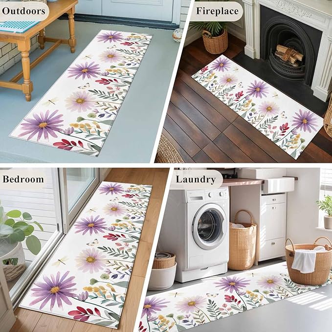 Runner Rug for Bedroom Hallway, Country Field Purple Flowers Kitchen Runner Rugs Area Rug 2x6ft, Farm Floral Art Washable Soft Floor Carpet for Entryway Stair