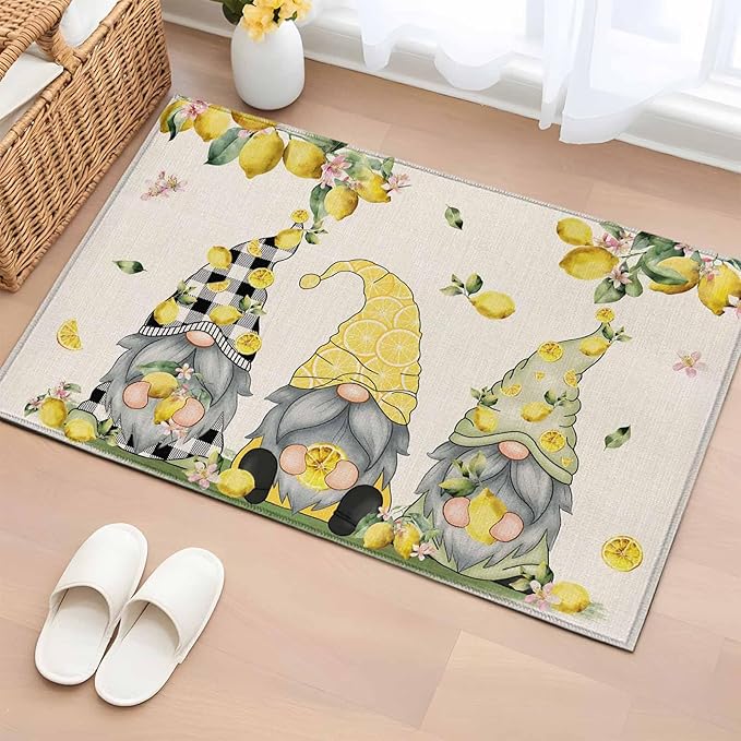 Area Rug 2x3ft, Summer Gnome with Lemon Washable Rugs for Living Room Bedroom, Farmhouse Dwarf Fruit on Linen Soft Non-Slip Area Rugs Rectangle Floor Carpet for Dining Room