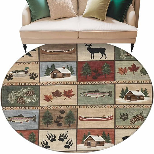 Washable Round Area Rug Vintage Bear Forest Deer Fish Village Circle Rugs Floor Carpet for Living Room Bedroom, Retro Wildlife Themes Soft Non Slip Round Rug 5ft